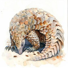 Watercolor painting of a graceful pangolin curling up into a protective ball as it forages for ants and termites, on isolated white background