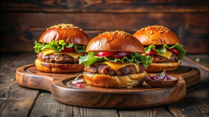 Elevated gourmet burger photography with unique brioche buns on wooden board plates, gourmet