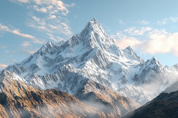 Breathtaking snow-covered mountain peak under a clear sky, showcasing nature's grandeur and beauty in a serene landscape.