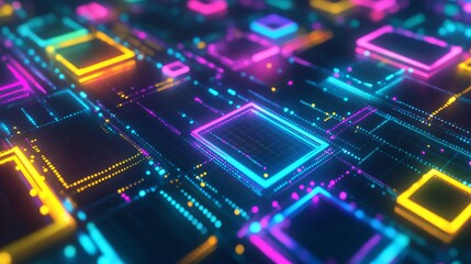 Obraz premium A digital background with colorful neon squares and circuit patterns