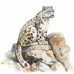 Watercolor painting of a majestic snow leopard camouflaged among the rocky Himalayan terrain, its spotted, on isolated white background
