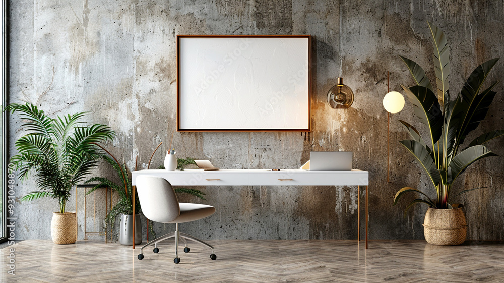 Poster Modern workspace with plants and large empty frame in a stylish interior setting