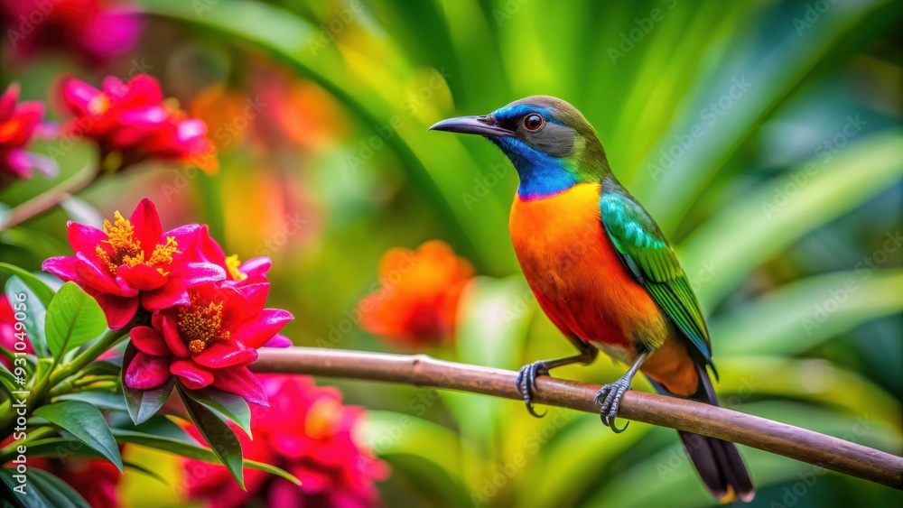 Canvas Prints Bird perched on vibrant branch in a lush tropical garden , wildlife, nature, colorful, exotic, feathered, garden, outdoors