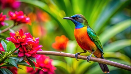 Naklejka premium Bird perched on vibrant branch in a lush tropical garden , wildlife, nature, colorful, exotic, feathered, garden, outdoors