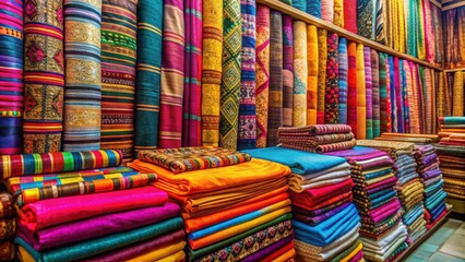 Vibrant colored cloth on display at an Eastern market, textile, fabric, market, vibrant, colorful