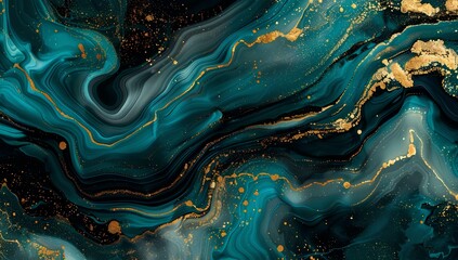top view of teal and gold marble, with aquamarine colors, creating intricate details depth to the surface.