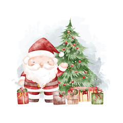 Watercolor Illustration Santa Claus with Christmas Tree and Gifts