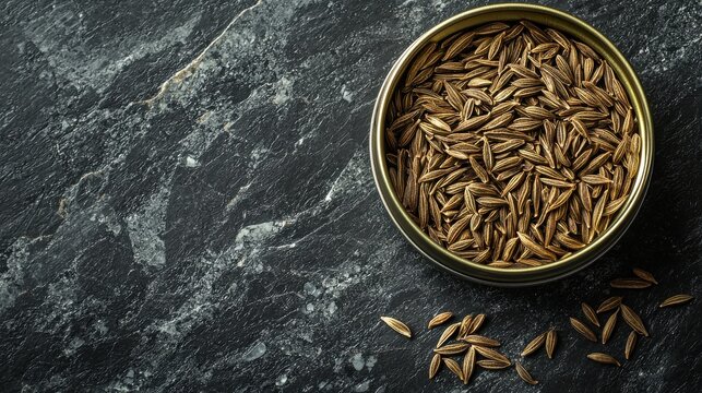 Spice tin of cumin seeds on dark marble background