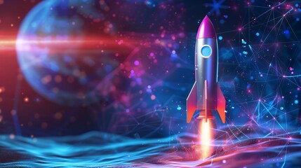 Fototapeta premium 3d illustration rocket space colorful holographic in dark background for Business start up and science concept