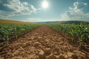A droughtstricken farmland with withering crops un 1042 field, agriculture, sky, landscape, green, farm, nature, rural, grass, blue, summer, land, corn, plant, soil, cloud, spring, farming, crop, coun