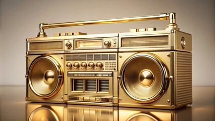 Fototapeta premium Cool and stunning American golden ghettoblaster on light background , music, retro, vintage, hip hop, urban, boombox