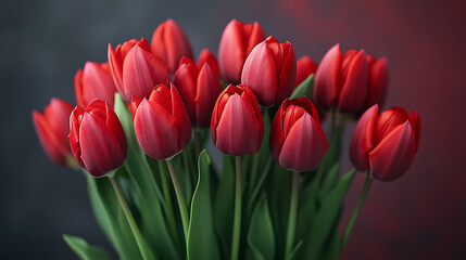 Fototapeta premium A wedding bouquet of deep red tulips, elegantly arranged with green foliage.