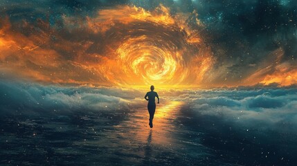 A lone figure running towards a vibrant, swirling vortex in a surreal landscape of clouds and light, symbolizing exploration and adventure.