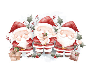 Watercolor Illustration Santa Claus with Christmas Tree and Gifts