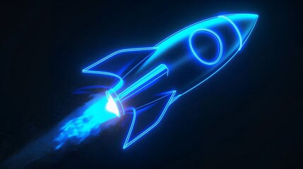 Digital rockets launch into outer space. Boosting and taking off career concepts. Abstract spaceship in blue on a technological background. blue neon rocket illustration with 3D effect.