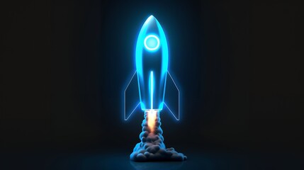 Digital rockets launch into outer space. Boosting and taking off career concepts. Abstract spaceship in blue on a technological background. blue neon rocket illustration with 3D effect.
