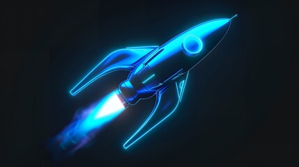 Digital rockets launch into outer space. Boosting and taking off career concepts. Abstract spaceship in blue on a technological background. blue neon rocket illustration with 3D effect.