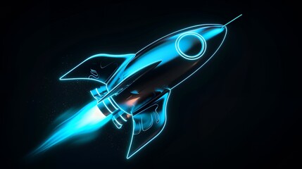 Digital rockets launch into outer space. Boosting and taking off career concepts. Abstract spaceship in blue on a technological background. blue neon rocket illustration with 3D effect.