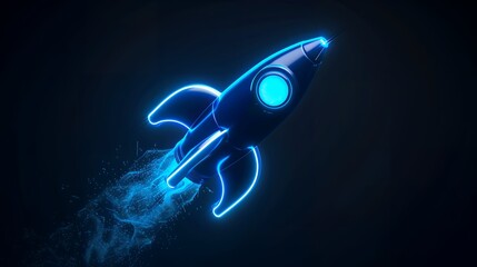 Digital rockets launch into outer space. Boosting and taking off career concepts. Abstract spaceship in blue on a technological background. blue neon rocket illustration with 3D effect.