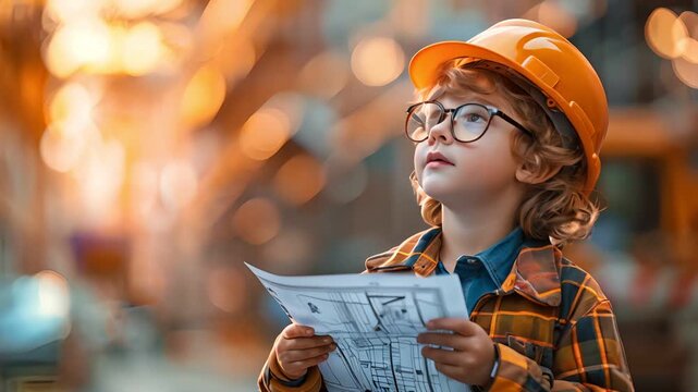 Young child in construction attire holding blueprint, exploring construction site with hard hat and safety 