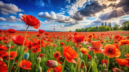 Fototapeta premium Vibrant poppy field in full bloom during the summer , poppies, flowers, red, field, landscape, nature, meadow, countryside