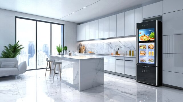 A smart home kitchen equipped with the latest AI-powered appliances voice-activated assistant helping with meal planning and cooking smart refrigerator displaying nutritional information and recipe