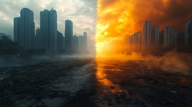 A landscape where one side is green and vibrant wh 1005 city, sunset, skyline, cityscape, sky, water, buildings, architecture, urban, sunrise, skyscraper, building, downtown, sun, clouds, travel, rive