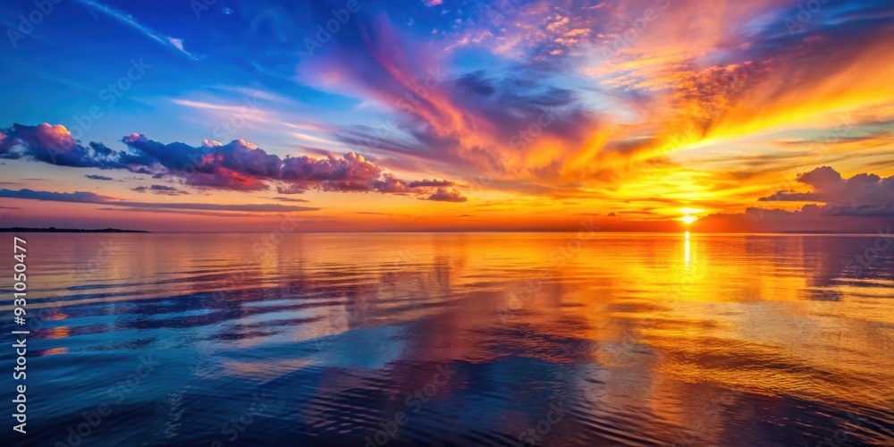 Sticker Sunset over calm sea with vibrant colors reflecting on the water , sunset, sea, ocean, water, horizon, dusk, evening