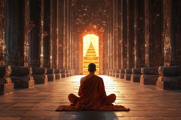 A serene monk meditating in a grand temple, illuminated by warm light, embodying peace and tranquility.