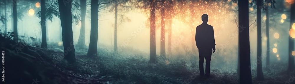 Poster a silhouette of a man stands amidst a serene forest, illuminated by soft light, creating a mysteriou