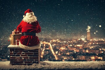Santa Claus sitting top brick chimney looking out Minimalist san