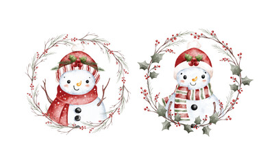 Watercolor Illustration Set of Christmas Wreath and Snowman