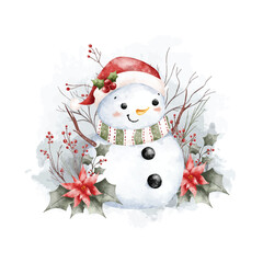 Watercolor Illustration Snowman and Christmas Decoration
