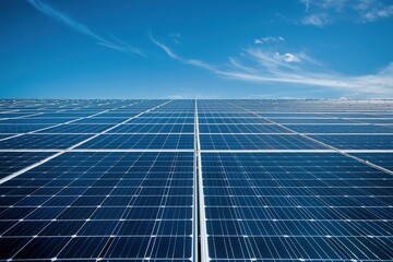 A vibrant solar panel array under a clear blue sky, showcasing renewable energy technology and sustainable practices.
