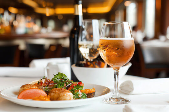 A beautifully arranged plate of gourmet food paired with elegant wine, set in a stylish restaurant ambiance.