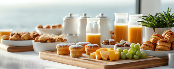 Obraz premium A delightful assortment of breakfast pastries, fruits, and drinks arranged elegantly for a refreshing morning experience.