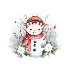 Watercolor Illustration Snowman and Christmas Decoration