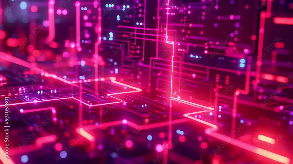 Poster futuristic digital circuit board with glowing neon lights and complex patterns
