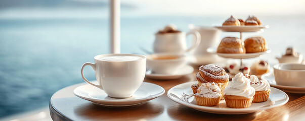 Fototapeta premium A serene table setting with a cup of coffee and delicious cupcakes, perfect for a relaxing morning by the water.