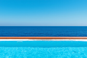 A tranquil swimming pool overlooking a vast blue ocean under a clear sky, perfect for relaxation and summer vibes.