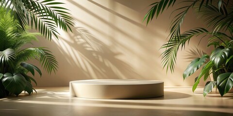 Fototapeta premium rendering of a beige stage podium with sunlight casting shadows on tropical plants in the background, rendering