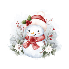 Watercolor Illustration Snowman and Christmas Decoration