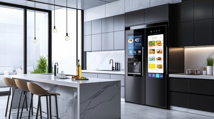 A smart home kitchen equipped with the latest AI-powered appliances voice-activated assistant helping with meal planning and cooking smart refrigerator displaying nutritional information and recipe