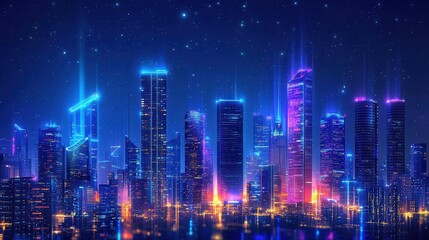 Obraz premium A smart city skyline at night illuminated by intelligent lighting systems powered by IoT green energy sources like solar panels on rooftops connected infrastructure ensuring efficient energy use