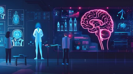 Fototapeta premium futuristic medical research of brain neural nerve system health care with diagnosis infographic biometrics for clinical hospital x-ray and alzheimer treatment, banner with copyspace.