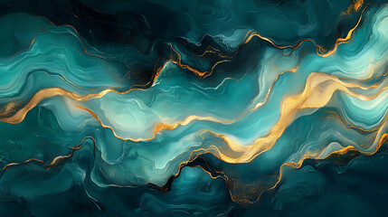 An abstract composition of fluid, wave-like forms in shades of teal, turquoise, and aquamarine.