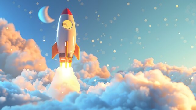 3d illustration rocket with clouds. Toy rocket upswing ,spewing smoke. Startup, space, business concept.