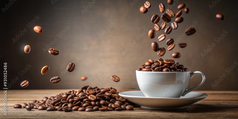 Wall mural Coffee bean falling into a coffee cup , coffee, bean, falling, cup, drink, morning, caffeine, beverage