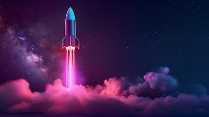 3d illustration rocket space colorful holographic in dark background for Business start up and science concept
