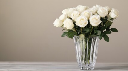 Fototapeta premium A delicate arrangement of white roses in a crystal vase, with a soft, romantic feel, white roses, crystal vase, romantic
